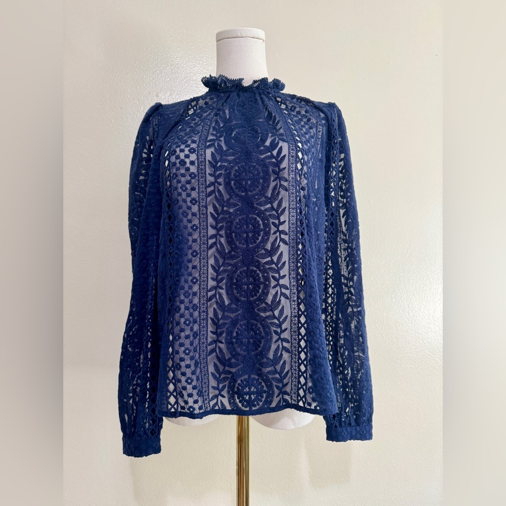 Sezane Navy Lace Blouse